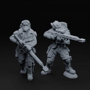 Two armored soldiers in tactical gear stand with large rifles, one facing forward and one in a aiming pose, against a dark background.