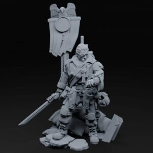Fantasy armored warrior miniature standing on a rocky base, holding a long sword with a large banner and crest behind him.