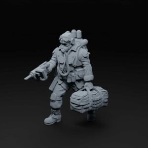 3D-printed sci‑fi soldier miniature in heavy armor, carrying a futuristic rifle and a large pack with hoses and pouches on a dark background