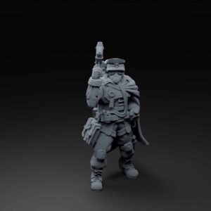 3D render of a futuristic armored soldier with a gas mask, holding a pistol and wearing a cape and utility belt.
