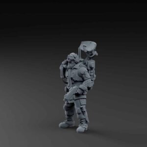 3D render of a heavily armored sci‑fi soldier with a jetpack harness and helmet, standing with a rifle strapped at the side.