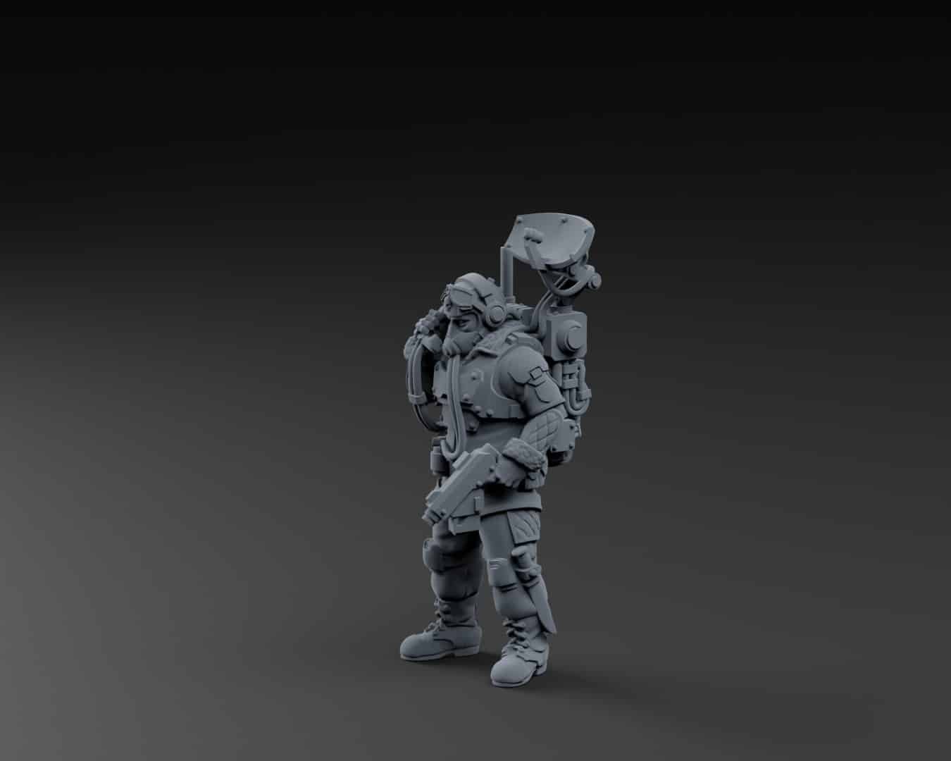 3D render of a heavily armored sci‑fi soldier with a jetpack harness and helmet, standing with a rifle strapped at the side.