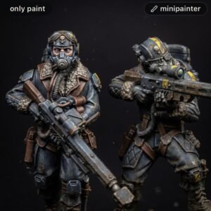 Two weathered soldier action figures in fur-lined coats and gas masks, holding large rifles against a dark background.