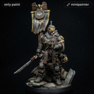 Armored fantasy warrior miniature stands on a rocky base, brandishing a long sword, with a tall heraldic banner behind.