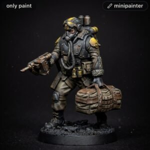 Painted miniature of a heavily armored soldier with a gas mask, holding a large rifle and a rugged duffel bag, on a textured base.