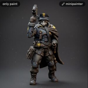 Armored futuristic soldier miniature with gas mask, cape, and pistol raised ready for action.