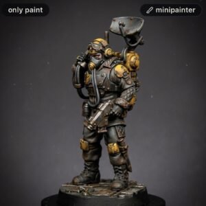 Diver-equipped armored mini figure with yellow accents, standing on a base, rugged steampunk design