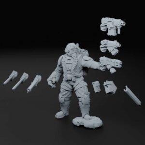 3D sci‑fi armored figure with modular weapons and parts floating around the model, ready to assemble or customize