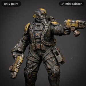 Tabletop mini figure: a heavily armored sci-fi soldier in black and yellow with a large pistol raised as if aiming forward.