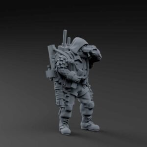 3D miniature of a heavily armored soldier in tactical gear with a large backpack, hooded helmet, and chunky armor plates, looking through binoculars.
