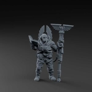 Armored sci‑fi miniature with a winged back pack, holding a tablet-like device in one hand and a tall staff topped with an eagle emblem.