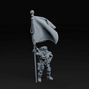 Grayscale 3D miniature of a soldier holding a tall flagstaff topped with a skull, the banner billowing to the side against a dark background.