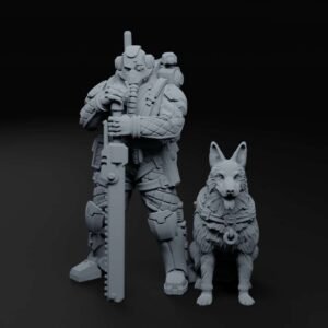 Fully armored futuristic soldier with a giant sword standing beside a detailed wolf companion on a dark backdrop.