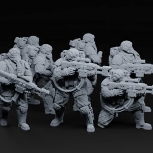 Futuristic armored infantry squad with large rifles and back-mounted gear, posed for battle.