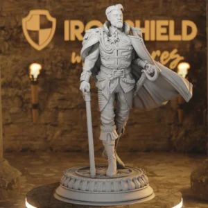 Detailed knight statue with cape, armor, and sword standing on a round pedestal against a workshop backdrop with 'IRON SHIELD' branding in the background.
