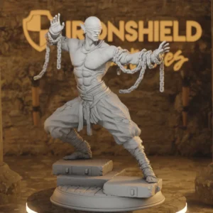 Dynamic, muscular warrior statue in a wide-stance pose with chained wrists, on a display pedestal; backdrop reads 'Ironshield'.