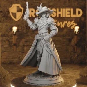 Gray, highly detailed statue of a gunslinger in ornate armor and a wide-brimmed hat, raising a pistol while a sword rests at the hip, mounted on a circular pedestal in a showroom backdrop with a 'SHIELD' sign behind him.