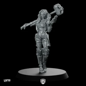 3D-printed female action figure on a circular pedestal, holding a large hammer over her shoulder against a black background