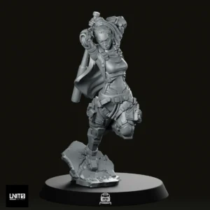 Dynamic 3D-printed female sci‑fi warrior statue in a battle pose, raising a hammer above her head with a flowing cape and armored suit atop a rocky pedestal.