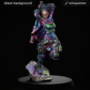 Colorful sci‑fi female minifigure in neon armor, standing on a graffiti‑marked rock pedestal against a black background.