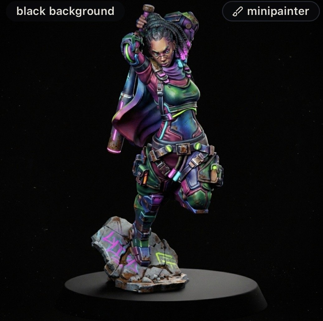 Colorful sci‑fi female minifigure in neon armor, standing on a graffiti‑marked rock pedestal against a black background.