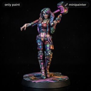 Painted female sci‑fi warrior miniature in neon armor, holding a large hammer and standing on a round display base.
