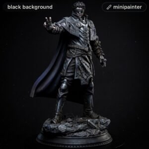 Dark-armored knight miniature on a rocky base, cape flowing, posed with one hand extended against a black background.