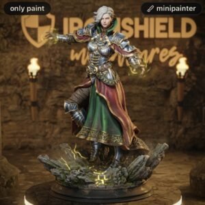Armored female warrior miniature posed on a rocky base, with glowing yellow runes and a decorative green-red cape.