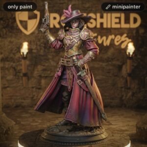 Detailed fantasy miniature of a female armored gunslinger wizard, wearing pink-purple armor and a wide brim hat, holding a pistol aloft with a sheathed sword at her side, standing on a rocky display base.