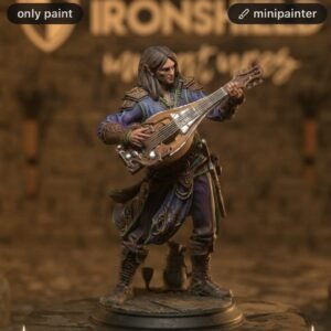 Fantasy elf-like miniature in blue and green robes playing a lute-like string instrument on a round display base.