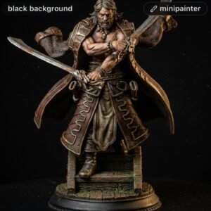 Bronze-and-brown armored fantasy warrior figurine standing on a wooden pedestal, wielding two swords with a fierce pose against a black background.