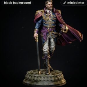Ornate miniature general in blue and gold uniform with purple cape, holding a sword, standing on a carved base.