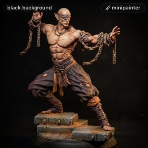 Muscular fantasy warrior action figure, shirtless and blindfolded, bound with heavy chains on a stepped stone pedestal against a black background.