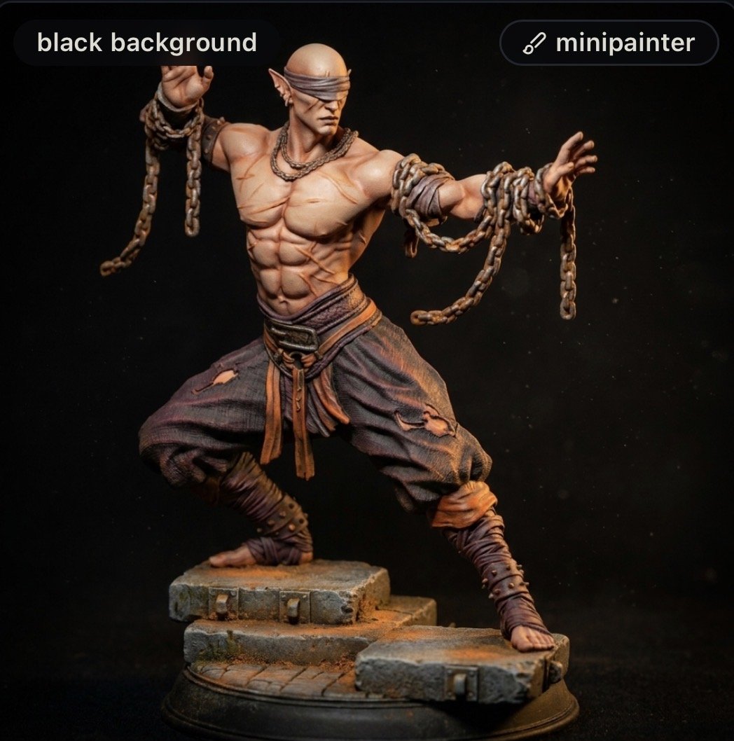 Muscular fantasy warrior action figure, shirtless and blindfolded, bound with heavy chains on a stepped stone pedestal against a black background.
