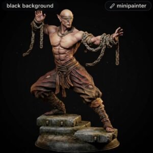 Muscular fantasy minifigure with blindfold, chained wrists, bare chest, standing on a stone pedestal against a black background