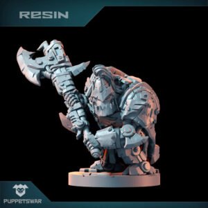3D-printed resin fantasy warrior figure wielding a large double-edged axe, standing on a round base