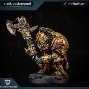 Armored fantasy warrior miniature in gold armor wielding a heavy double‑bladed axe on a rocky base against a black background