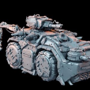 3D-rendered sci-fi tank with a robotic claw on the left, metallic armored hull on a black background