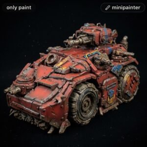 Red weathered sci‑fi battle tank miniature with heavy armor plates, a mounted cannon on top, and blue insignia on the side against a black backdrop.