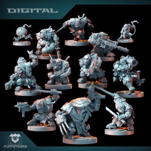 Group of sci-fi miniature figures from Puppets War on a black background, posed with weapons and round bases.