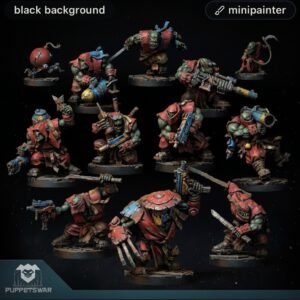 Group of painted red-armored orc miniatures with green skin and various weapons on a black background.