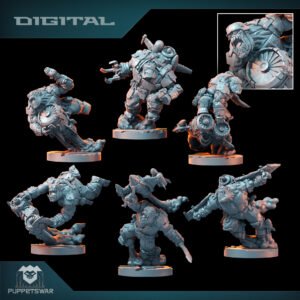 Group of heavily armored sci‑fi miniatures on circular bases, posed mid‑action against a black background, with 'PUPPETS WAR' logo bottom left.