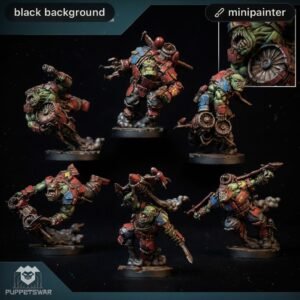 Group of green-skinned orc miniatures in red/blue armor posed on display bases against a black background.