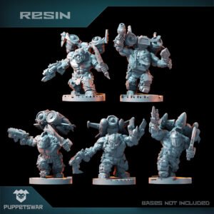 Set of five resin sci‑fi miniatures for tabletop wargaming, posed with weapons, bases not included.