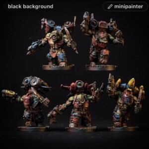 Five painted orc miniatures wielding axes and blasters on round bases, posed against a black background for tabletop gaming.