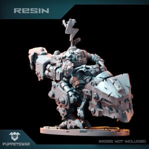 Resin miniature figure of a heavy-armored orc-like warrior wielding a giant hammer and a jagged shield, posed on a circular base; base not included.