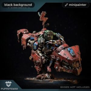 Orc rider atop a red, hacked mechanical dinosaur with exposed gears and bolts, blue wiring visible, standing on a display base.