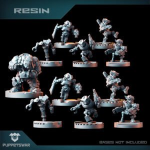 Grey resin sci‑fi miniatures featuring a large armored creature and several armed soldiers on round bases; product image from Puppetswar (bases not included).