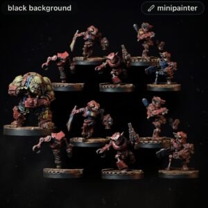 Group of red-armored sci‑fi miniatures with weapons arranged on circular bases against a black backdrop, plus a larger green-skinned figure on the left.