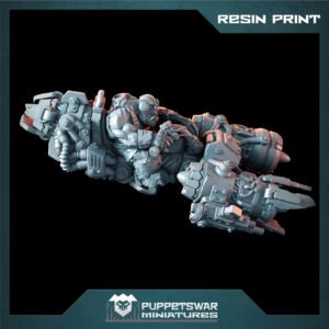 3D-printed resin sci-fi mech miniature with heavy armor, by Puppets War Miniatures, shown on a black background frame.